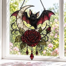 Gothic Bat Rose Acrylic Suncatcher, Vampire Bat Window Hanging, Red Rose Moon picture