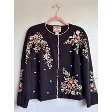 Vintage Heirloom Collectibles Black Floral Embroidered Cottagecore Cardigan PM picture