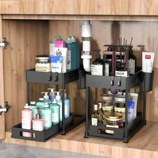 2PC Pull Out Under Sink Organizer 2 Tier Kitchen Bathroom Storage Shelf picture