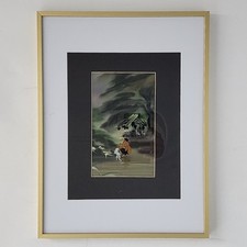 Vintage Vietnamese Silk Painting Framed MCM Asian Art Hut Landscape Watercolor picture