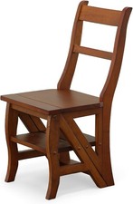 Antique Folding Library Ladder Chair 2-in-1 Convertible Step Stool Chestnut picture