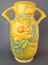 Chipped 1942 Roseville Pottery Peony Yellow Gold Handled Vase 64-9 Art Deco 9.5