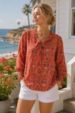 Talbots Plus Pink Orange Paisley Metallic Tie Neck Blouse Top 1X Cotton Blend picture
