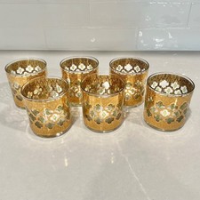 Vintage Culver Valencia 22K Gold Green Lowball Rocks Glasses Set of 6 MCM picture