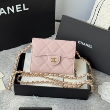 CC CH@NEL Pastel Pink Caviar Leather Magnetic Snap Mini Chain Wallet 0238 picture