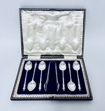 Set of 6 Antique Solid Sterling Silver Tea Teaspoons Sugar Tongs Apostles in Box picture