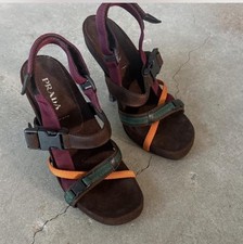 RARE VINTAGE 2004 Runway Prada Suede Nylon sport Strappy heel Sandal 38.5 picture