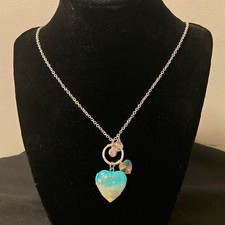 Silver Tone Cable Chain Necklace Blue Resin Heart Charm Pendant Love Theme picture