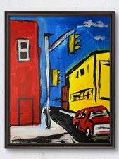 Original Acrylic 14x11 Red Modern Urban Street Corner Painting Signed Canvas picture