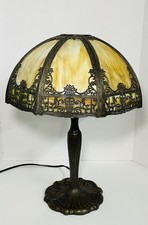 Beautiful Early 1900s Art nouveau Style lamp bronze Color 8 Panel slag glass 4G picture