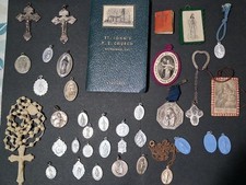Vtg Religious Lot of 36+ Catholic Pendant Charm Bible Cross Rosaries Mary Jesus picture
