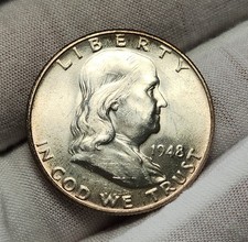 1948 P Ben Franklin Half Dollar 50c Unc BU 90% Silver US Coin Bell Lines F-48Ah3 picture
