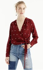 J Crew Silk Tie Front Wrap Blouse Womens Burgundy Printed Long Sleeve Top M NWT picture
