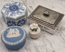 Wedgwood Blue Jasperware French Hand Made Painted Flower Miniature Trinket Box 4 picture