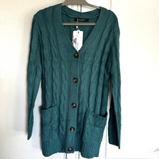 NWT Merokeety Cable Knit Long Cardigan Sweater Pockets Womens Large Teal Green picture
