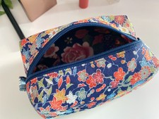 Zipper Box Pouch Japanese Vintage Kimono Silk Blue & Multicolor floral Handmade picture