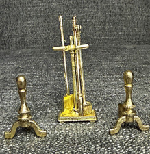 Vintage Dollhouse Miniature Gold Metal Fireplace Tools & Andirons Set Lot (3pc) picture