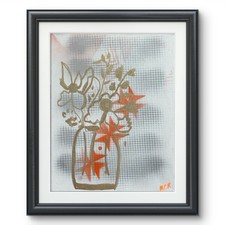 Original Signed Mixed Media Abstract Art Line Drawing Gold Vase Painting 11x14 picture
