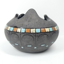 Black Ceramic Bowl Pot Blue Squares Geometric Signed Vtg MCM Blackware Southwest picture