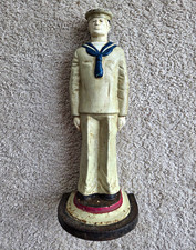 Vintage Rare Cast Iron Nautical Sailor Doorstop Painted White Blue Red Black picture