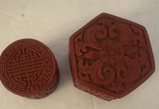 Vintage Two Chinese Hexagonal & Round Cinnabar Lacquer Box, Carved picture