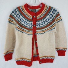 Vintage Norsk Husflid Norway Wool Cardigan Sweater Tan Fair Isle 10/12 Girls Red picture