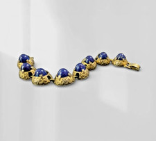 Vintage Czech Glass Lapis Blue Bullet Cabochon Gilt Filigree Link Bracelet 7.5  picture