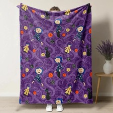 Coraline Purple Swirl Black Cat Button Flannel Throw Blanket Gift picture