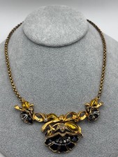 Vintage Coro Unsigned Necklace Black Enamel Lotus Flower Rhinestone Choker READ picture