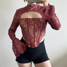 Fashion Nova Rosalia Corset Top Size Medium Burgundy NWT Flare Long Sleeve Sexy picture