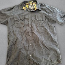 Black Button Up Shirt Yellow Floral Collar Short Sleeve Men's L picture