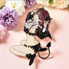 Devilish Anime Girl Enamel Pin - Cute Sexy Waifu With Bat Wings And Demon Tail picture