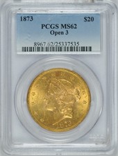 1873 Open 3 $20 Liberty Gold Double Eagle PCGS MS62 Type 2 Pre-1933 US Gold Coin picture