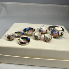 Vintage 1981 Signed Artisan Miniature Porcelain Tea Set Hand Painted Gold 1:12 picture
