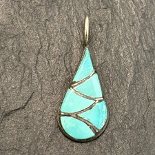 SB Zuni Signed Vintage Sterling Silver Fishscale Turquoise Pendant Small Hn picture
