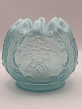 Vintage Fenton Blue Satin Wild Rose Large Rose Bowl Crimped Ruffled Glass 4.5” picture