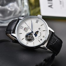 Orient Sun & Moon Semi Skeleton Automatic Watch Men's Leather Strap Luxury Gift picture