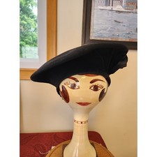 Vintage 1940s Black Wool Felt Beret Hat Grosgrain Bow Platter Dramatic Millinery picture