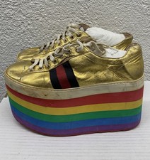 Gucci Metallic Gold Ace Rainbow Nappa Peggy Platform Sneakers Size 36 US 6 BB22 picture