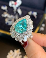 5.00Ct Pear Cut Vivid Blue Paraiba Tourmaline & Diamond Halo Ring 14K White Gold picture