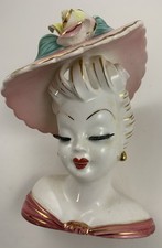 Vintage Glamour Girl Lady Head Vase Pink Hat Yellow Rose Japan Figurine 6.25