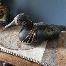 ANITQUE WOODEN BLACK DUCK DECOY GLASS EYES c~1900 Hand Carved picture
