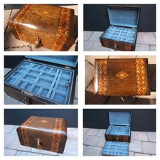 19c ANTIQUE  FIGURED WALNUT JEWELLERY BOX -RING- NECKLACE-WATCH picture