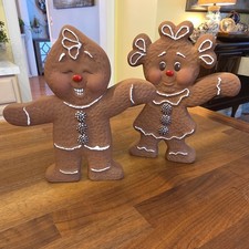 Vintage Hand crafted Ceramic Gingerbread Boy & Girl Set Of 2 Double Sided Faces picture