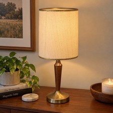 Vintage MCM Table Lamp Wood Brass Tone Original Drum Shade Mid Century Modern picture