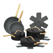 Drew Barrymore 12-Piece Cookware Set, Ceramic Nonstick, Strainer Lids, Black picture