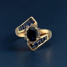 Vintage 80s-90s 14K Yellow Gold 1.16 CTW Natural Sapphire & Diamond Ring Size 8 picture