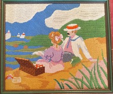 VTG Impressionist Needlepoint Embroidered Beach Scene Dune Picnic 19th C. Couple picture