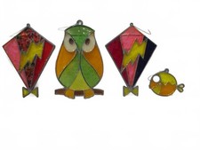 Vintage Stained Glass Suncatcher Lot Set of 4 Owl Kites Fish picture