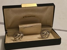 True Vintage 60s Pioneer Men's Cufflinks Silver Tone MCM Wave Ribbon Boxed picture